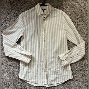 Men's Express Vertical Striped Long Sleeve Button Up Dress Shirt Slim XS Beige